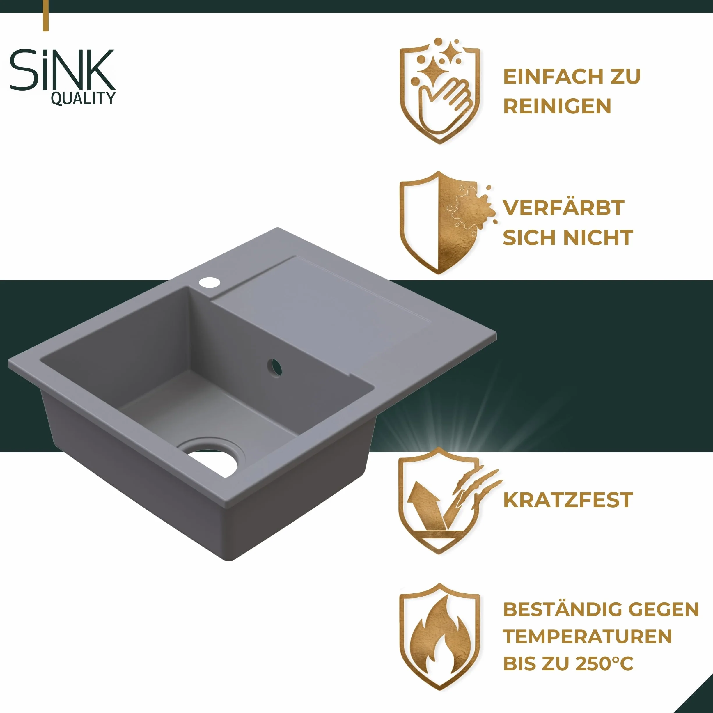 SINK Quality Zlewozmywak granitowy szary z armaturą 58 x 47 – zlewozmywak z syfonem i środkiem impregnującym – zlewozmywak kuchenny szary z ociekaczem do szafki pod umywalkę 50