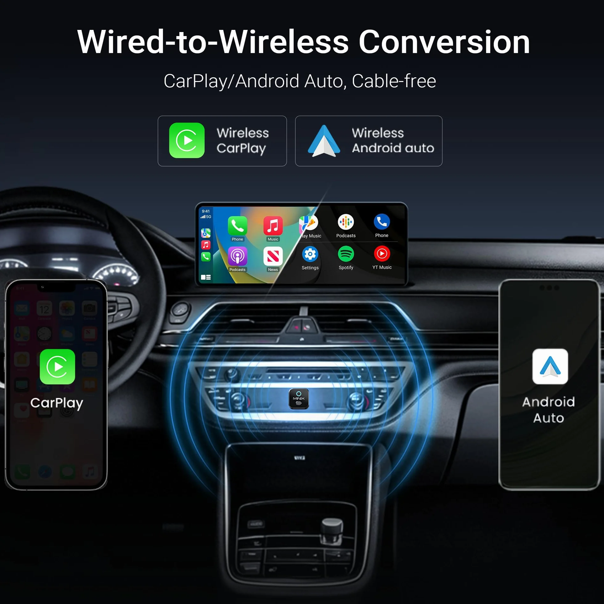 MINIX CA525 Mini bezprzewodowy adapter CarPlay i Android Auto, ulepszony 2 w 1 2026, przewodowy do bezprzewodowego dongla, przełącznik jednym przyciskiem, Plug & Play USB-A/C, WiFi 6 i Bluetooth 5.4