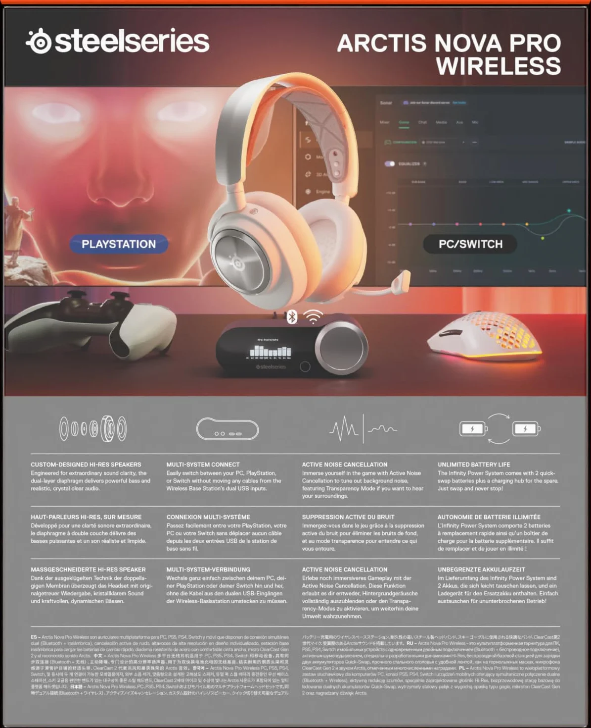 SteelSeries Arctis Nova Pro Wireless - wieloplatformowe bezprzewodowe słuchawki do gier - neodymowe przetw.magn. - ANC - Infinity Power System - mic ClearCast 2 gen. - PC, PS5, Switch, telefon - Białe