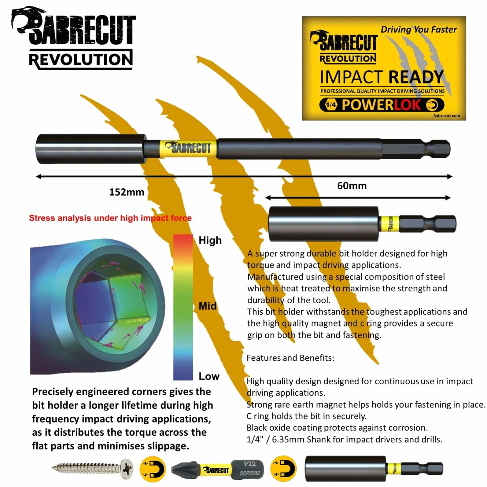 4 sztuki SabreCut SCRK1 magnetyczne 60 mm i 152 mm profesjonalne uchwyty do bitów udarowych z 2 x 32 mm wkrętakami PZ2 kompatybilne z Dewalt, Milwaukee, Makita, Bosch i innymi