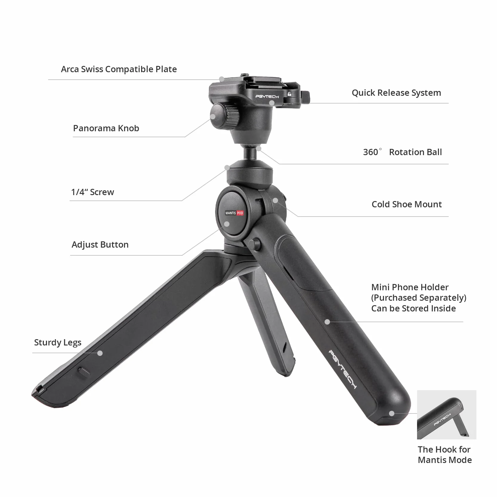 PGYTECH MANTISPOD 2.0 mini statyw do kamery vlogowania statyw mały statyw podróżny do Sony/Canon/Nikon/Fujifilm SLR DSLR Pocket Stand Video Vlog Desktop Shooting Selfie Mount