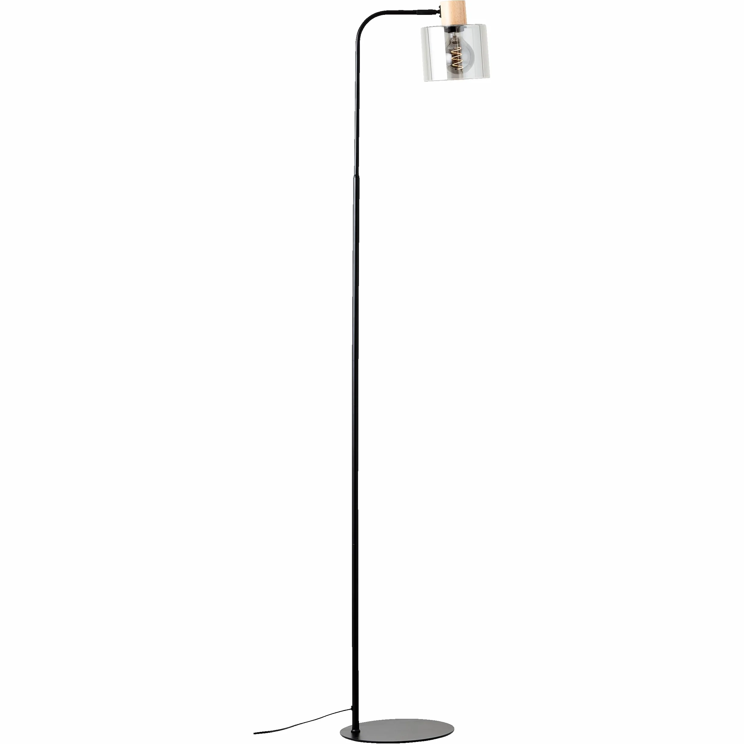 Lightbox Nowoczesna lampa stojąca – 160 x 25 x 32 cm – lampa stojąca z kloszem i oprawką ze szkła w kolorze przydymionym i oprawką z drewna (kauczuk) i przełącznikiem – E27 – z metalu/szkła/drewna – w