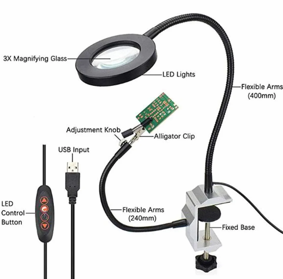 Led Light Helping Hands Magnifier Station - 3x Heavy Duty trzecia ręka lupa lutownicza z lekkim statywem z pomocniczym zaciskiem krokodylkowym - do lutowania, hobby i rzemiosła a, podświetlany