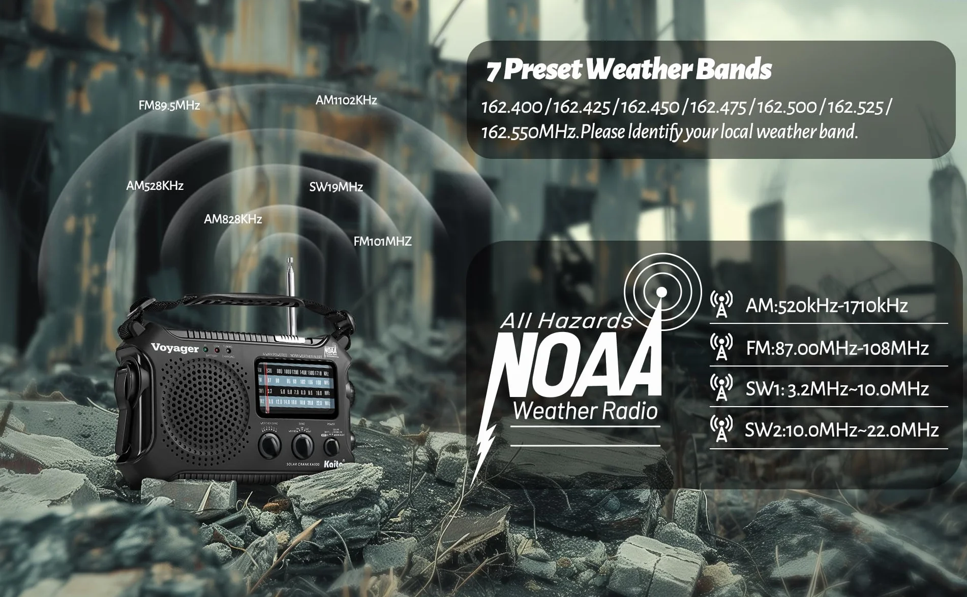 Kaito KA500 5-drożne zasilanie awaryjne AM/FM/SW NOAA radio z alarmem pogodowym z energią słoneczną, korbą dynamo, latarką i lampą do czytania, kolor czarny