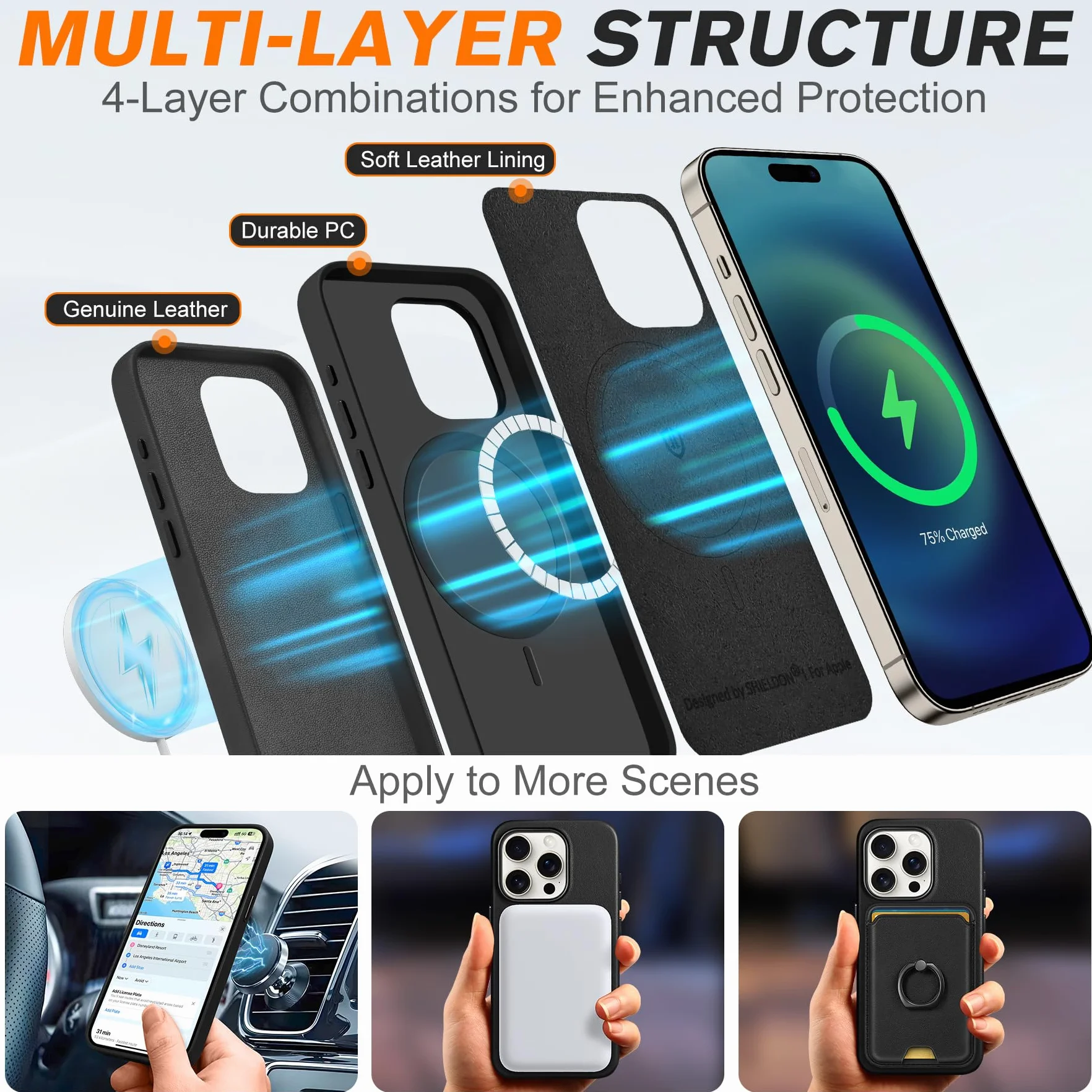 SHIELDON Etui iPhone 15 Pro 6,1" Prawdziwa Skóra Magnetyczne Slim Fit Antyzarysowania Ładowanie Bezprzewodowe Odporne na Wstrząsy Ochronne Czarny
