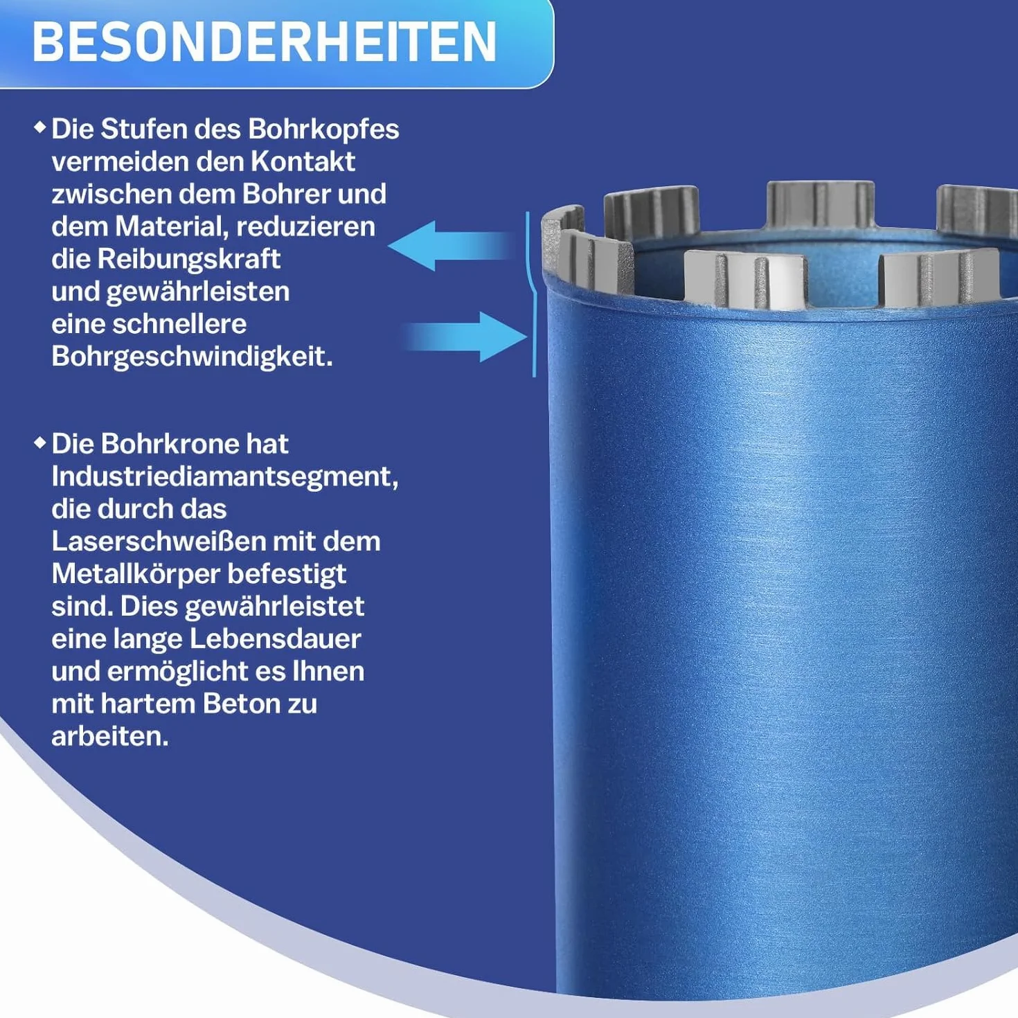 Diamentowa koronka wiertnicza pogłębiacz puszek do wiertarek rdzeniowych w zestawie 10 mm Turbo, L 460 mm | Ø 182 mm | adapter SDS-PLUS | 1 ¼ cala UNC | Wiertło rdzeniowe na mokro i sucho wiertło