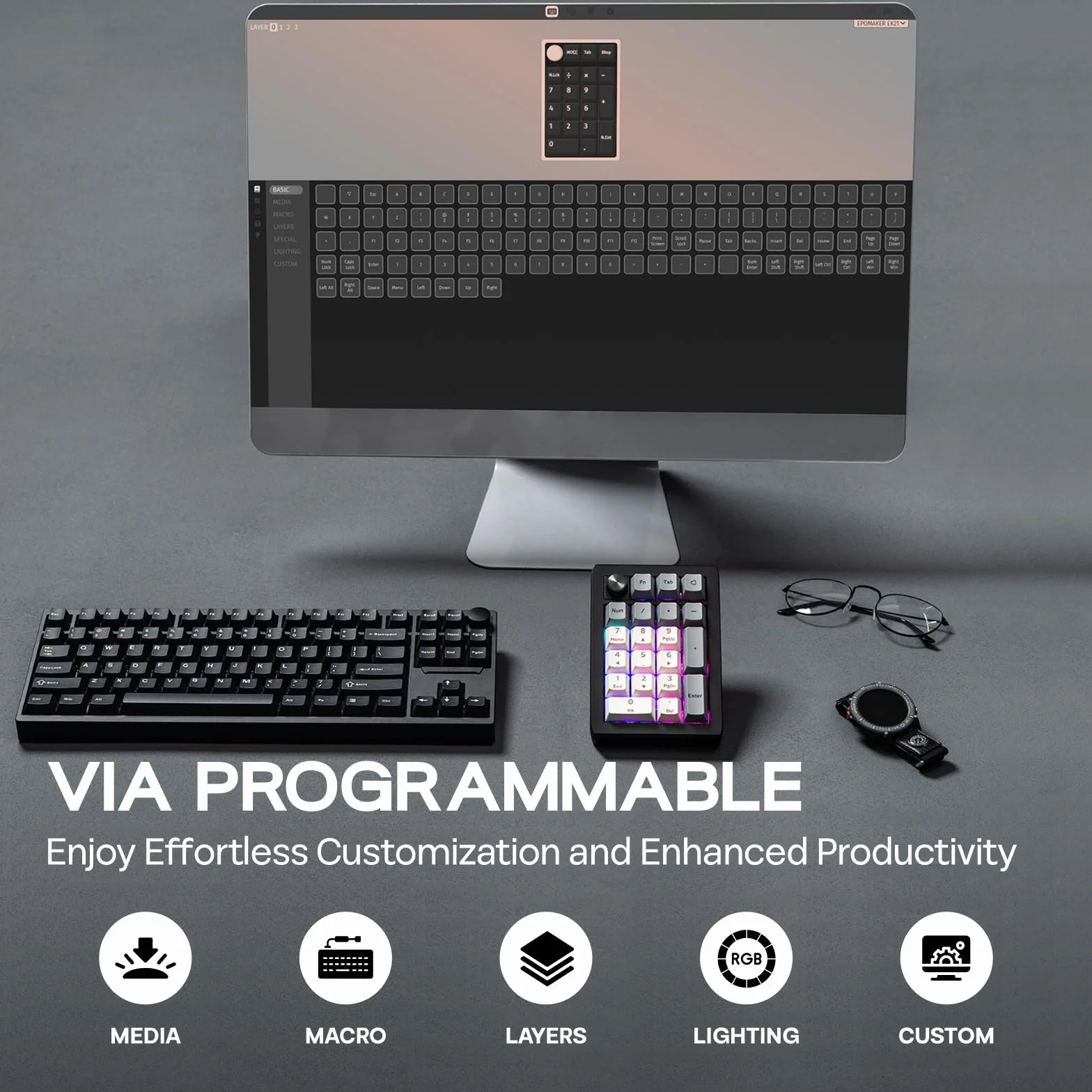EPOMAKER EK21 VIA Gasket Numpad 1000 mAh BT 5.0 2,4 GHz przewodowy Hot-Swap programowalny Win Mac Gaming