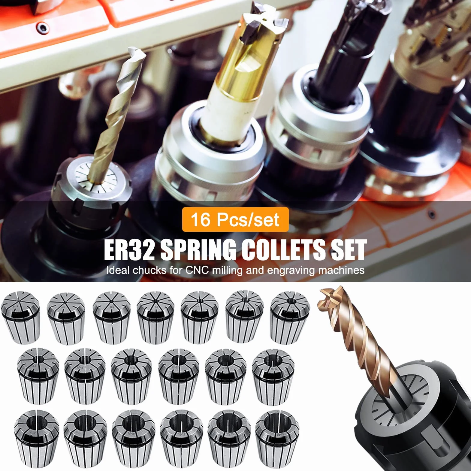 Collet Molla Clips Pinza, 2-20mm 19szt ER32 Precyzyjny zestaw tulei sprężynowych na CNC Grawerowanie uchwytu roboczego Frezowanie