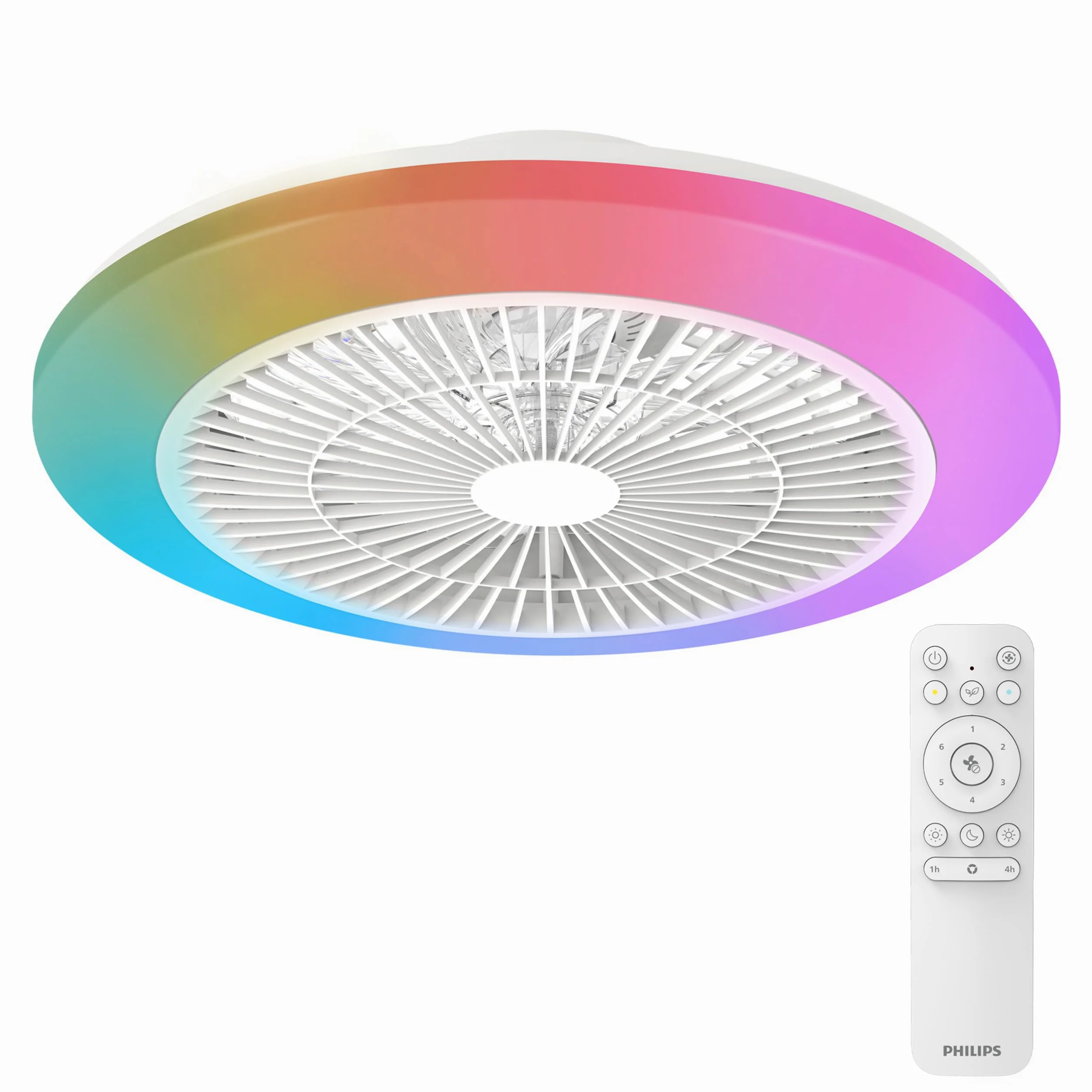 Lampa z wiatrakiem Philips Amigo LED, Zakrzywione Łopatki w Bezpiecznej Podwójnej Obręczy, Średnica 48 cm, 4400 Lumenów, Pełna Paleta Kolorów i Regulowana Barwa 2700–6500 K, 6 Prędkości, Pilot, Biały