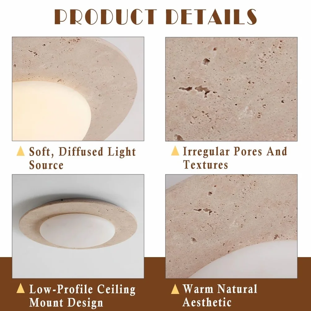 Plafon LED Trawertyn Wabi Sabi Ściemnialny Regulowana Temperatura Koloru Plafon Z Kamienia Naturalnego Dla Sypialni Salon Jadalnia Kuchnia Hotel Kawiarnia Dekoracja Wewnętrzna(A-50cm)