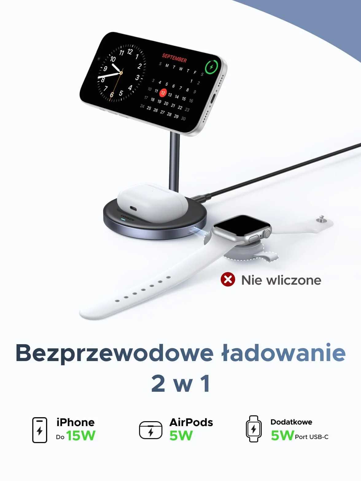 UGREEN Zapix Qi2 Magnetyczna Bezprzewodowa Ładowarka 2 w 1 15W Stacja Ładowania iPhone MagSafe