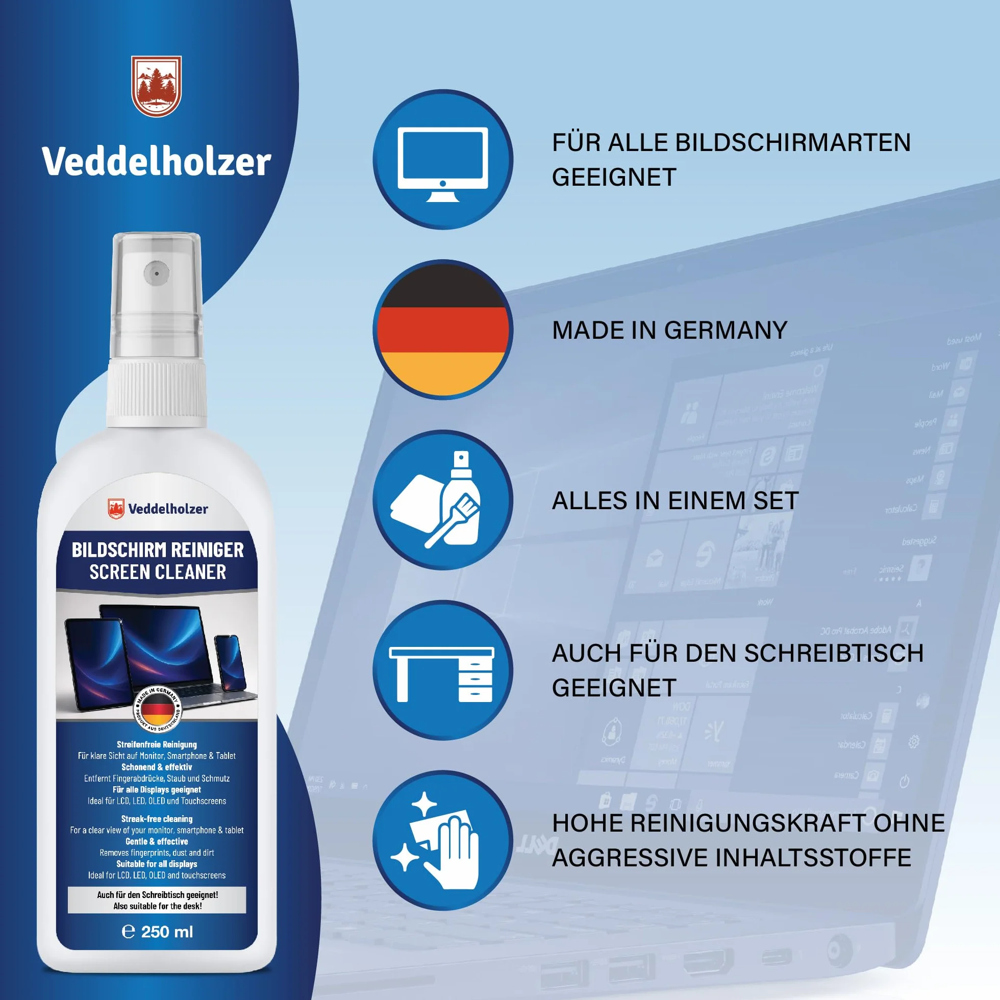 Veddelholzer Zestaw do czyszczenia ekranu 250 ml – ściereczka z mikrofibry i pędzelkiem do klawiatury – do laptopa, monitora, telewizora, smartfona, wyświetlacza samochodowego – czyszczenie wszystkich