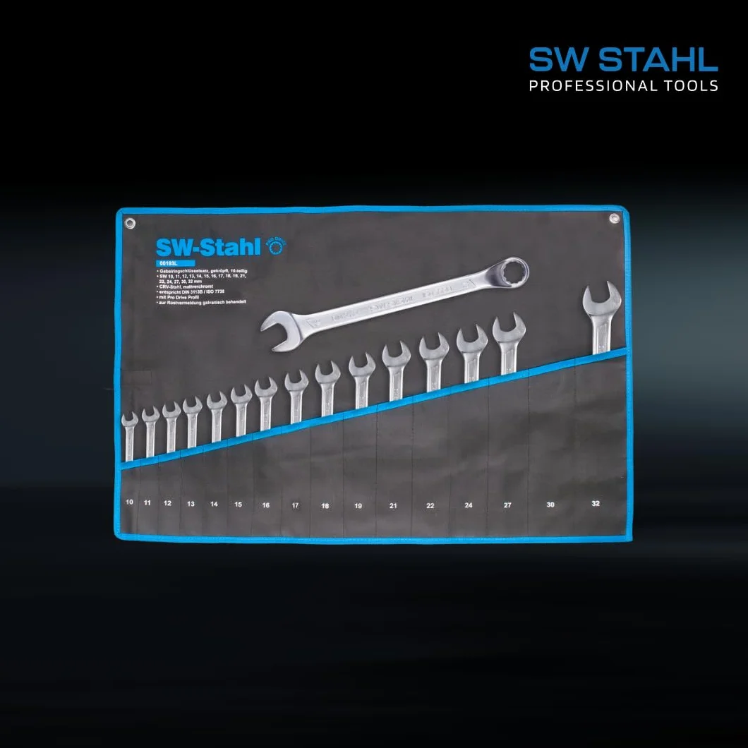 SW-Stahl 00193L Zestaw Kluczy Płasko-Oczkowych 10-32 mm, 16 Elementów | Klucze ze stali chromowo-wanadowej, profil Pro Drive, wygięta głowica 10°, zestaw kluczy płaskich i widełkowych