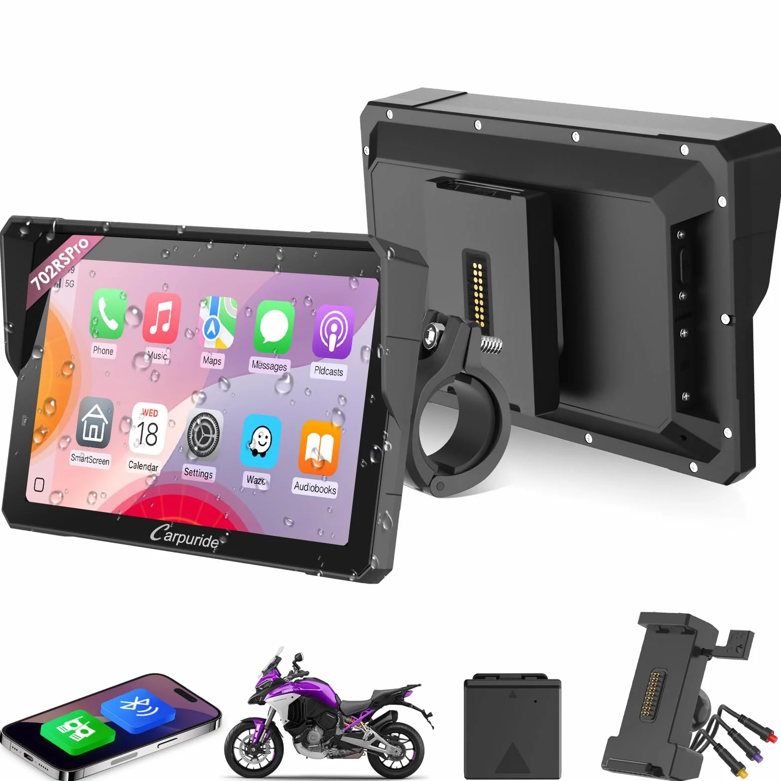 CARPURIDE W702RS Pro Motocykl Carplay Ekran z Radarem BSD Bezprzewodowy Android Auto Wodoodporny 17.8 cm