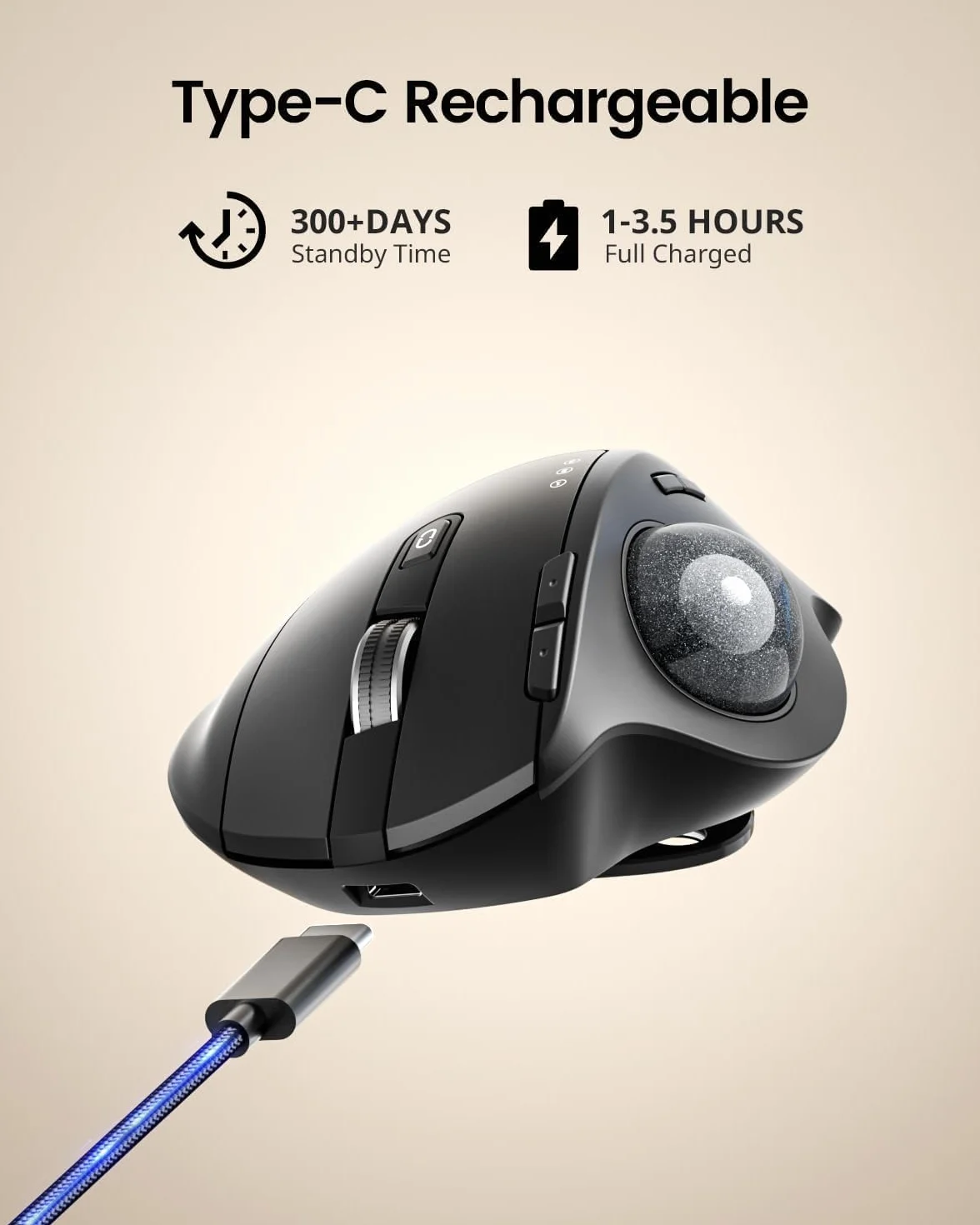 ProtoArc EM01 Bezprzewodowa mysz Trackball ergonomiczna Bluetooth ładowalna regulowany kąt 3 przyłącza szara