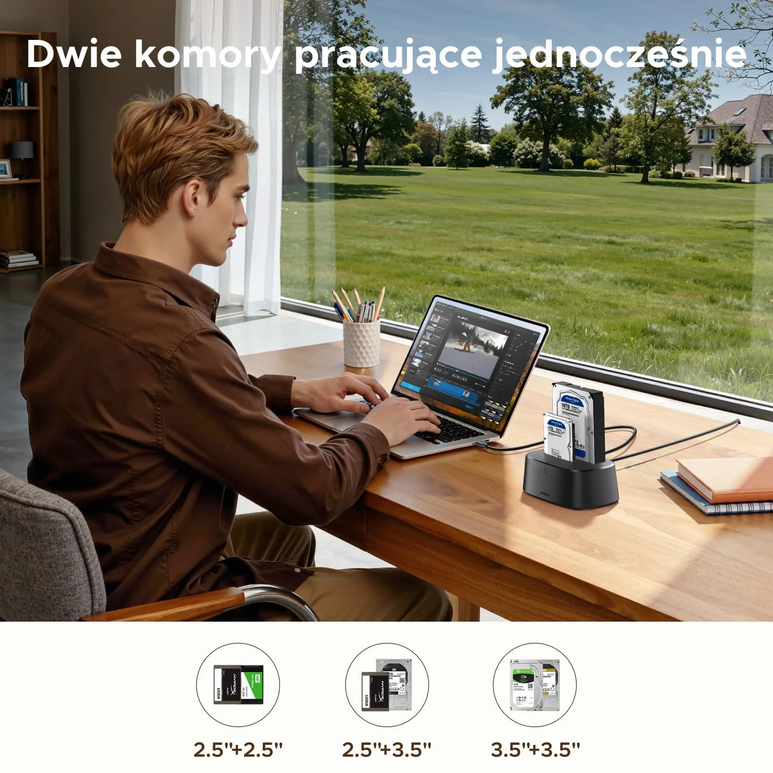 UGREEN Stacja dokująca USB 3.0 do dysków twardych SATA HDD SSD 2,5/3,5 cala Dual Bay 5 Gb/s klonowanie offline UASP