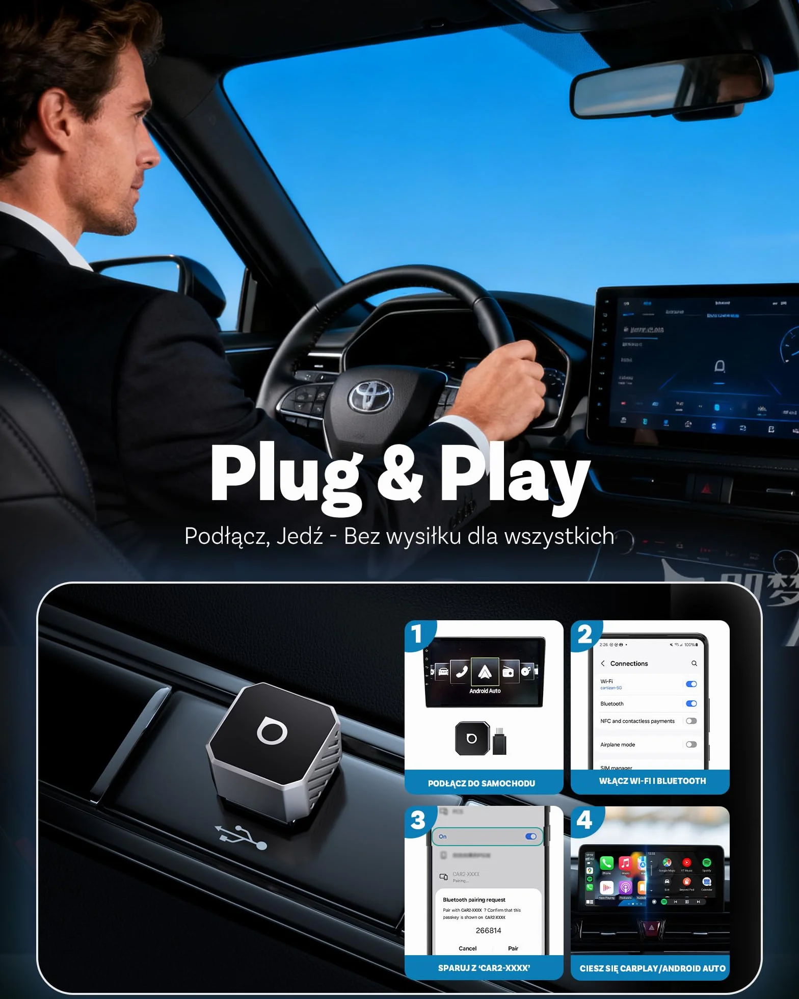 2026 Upgrade Ottocast Mini Cube, Bezprzewodowy Adapter CarPlay & Android Auto, Plug & Play, 2.4G+5G, Automatyczne Ponowne Połączenie, Kompatybilny z autami po 2016 z przewodowym CarPlay/Android Auto