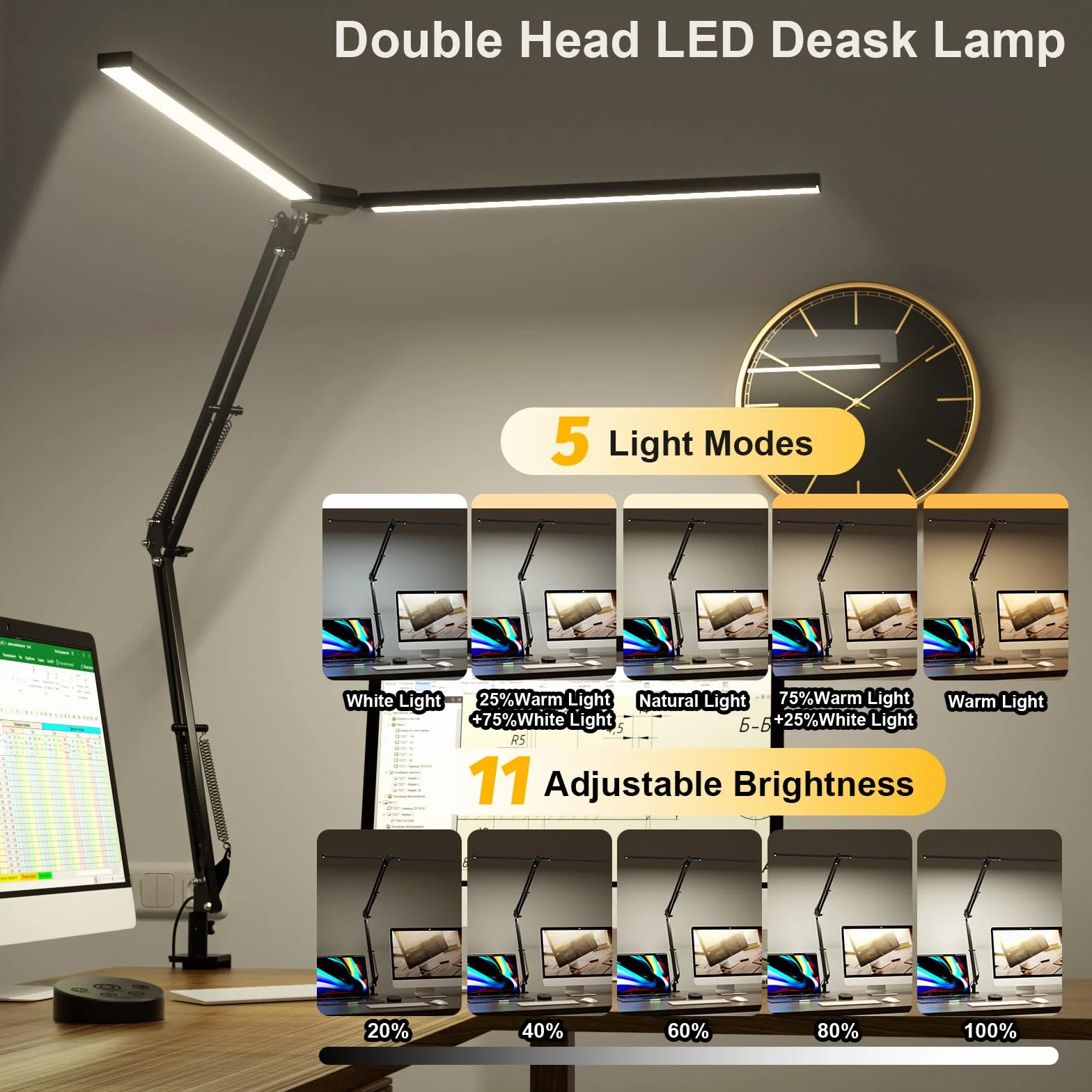 SKYLEO Lampa na biurko LED - 2400LM Ultra Bright Desk Light -Eye Caring Desk Lamp with Clamp - Adjustable Office Lamp with Remote Control- Easy Installation - 24W Black