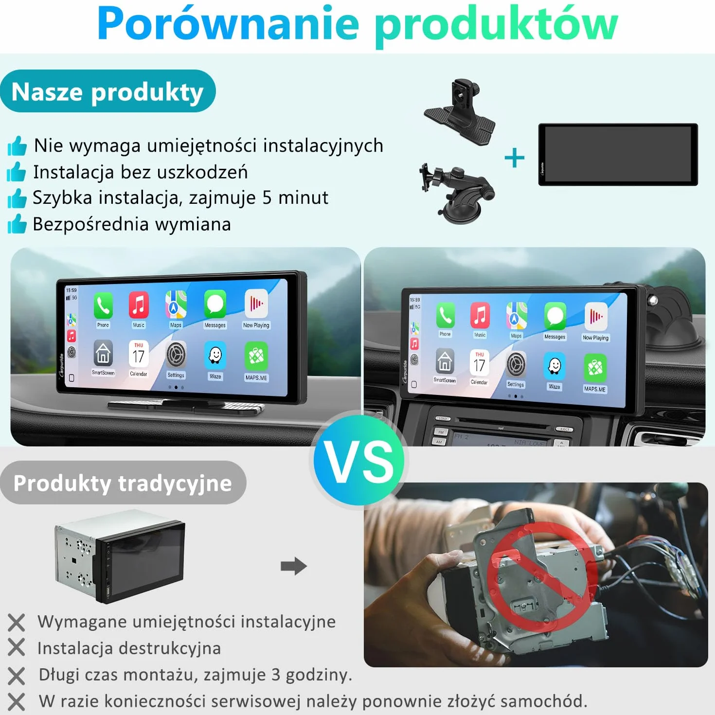 Carpuride V92R Przenośny Ekran Carplay 10,26-calowy HD 1080P Bezprzewodowy Android Auto z Kamerą Cofania 720P