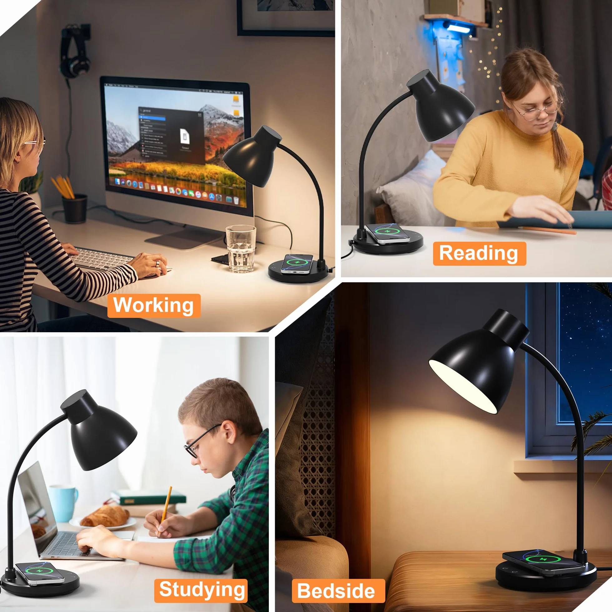 Lampy biurkowe do domowego biura – lampa biurkowa LED z bezprzewodową ładowarką, 3 tryby kolorów, możliwość ściemniania, troska o wzrok, lampka do czytania, mała elastyczna lampa stołowa do