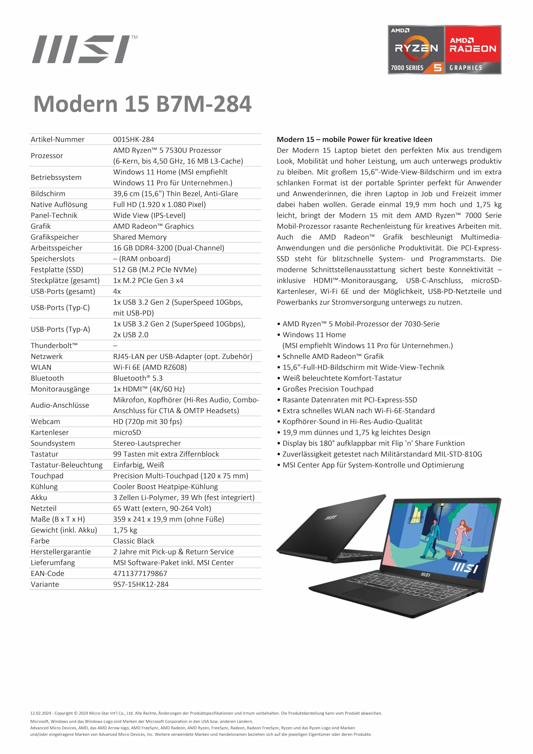 MSI Laptop 15,6" Full HD AMD Ryzen 5 7530U 16GB DDR4 RAM 512GB SSD AMD Radeon Graphics Windows 11 Home Czarny