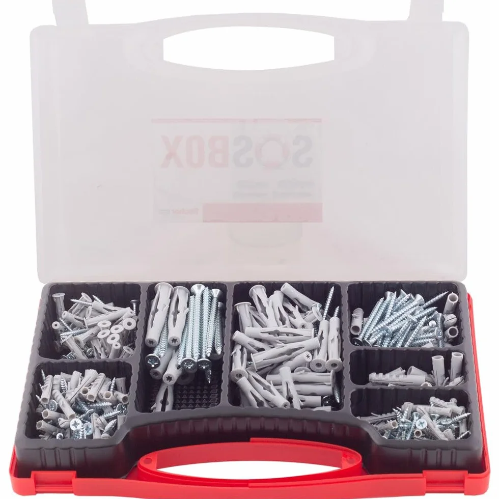 fischer SOS-Box kołek rozporowy S i uniwersalne kołki rozporowe FU, wstępnie posortowane pudełko asortymentowe z 360 kołkami i pasującymi śrubami do wielu materiałów budowlanych i różnorodnych