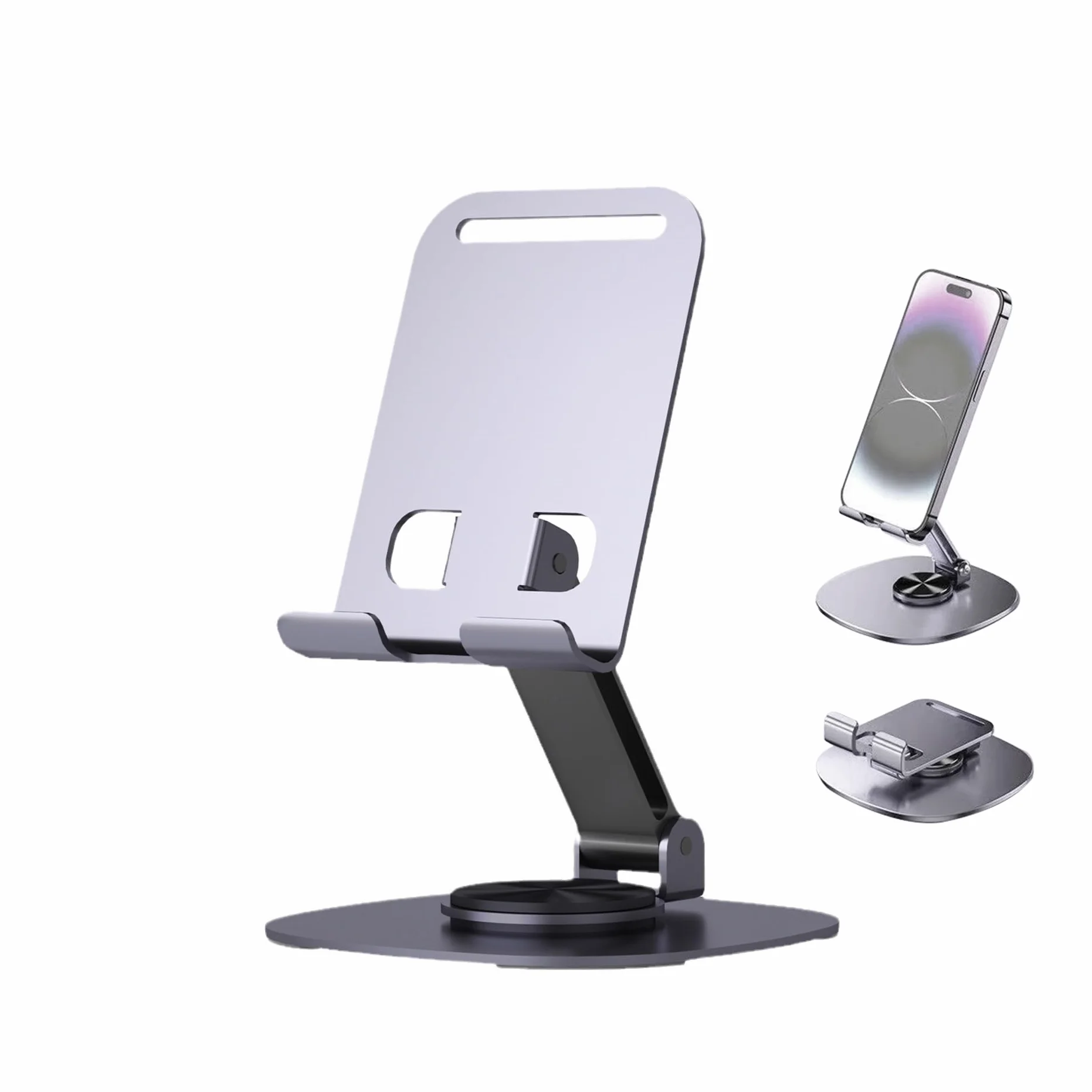 1 SZT Metalowa Stojak na Telefon, Regulowany Holder na Tableta, Składany Stojak Biurkowy, Przenośny Design, Obracająca się 360° Podstawa z Powłoką Antypoślizgową, do Biura, Domu i Podróży (Szary)