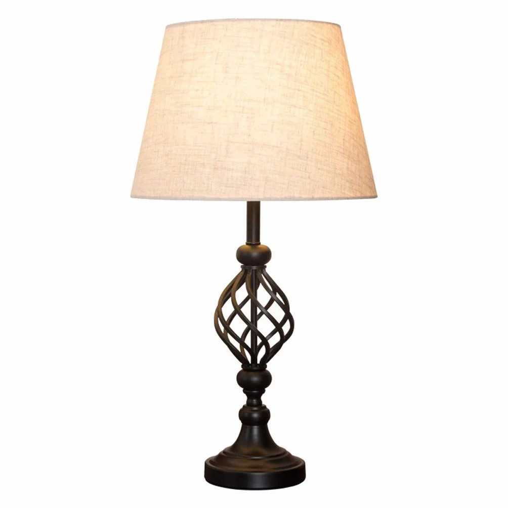 Lampa biurkowa z tradycyjnym wzorem z brązu żelaznego i kremowym kloszem bębna do oświetlenia sypialni i salonu