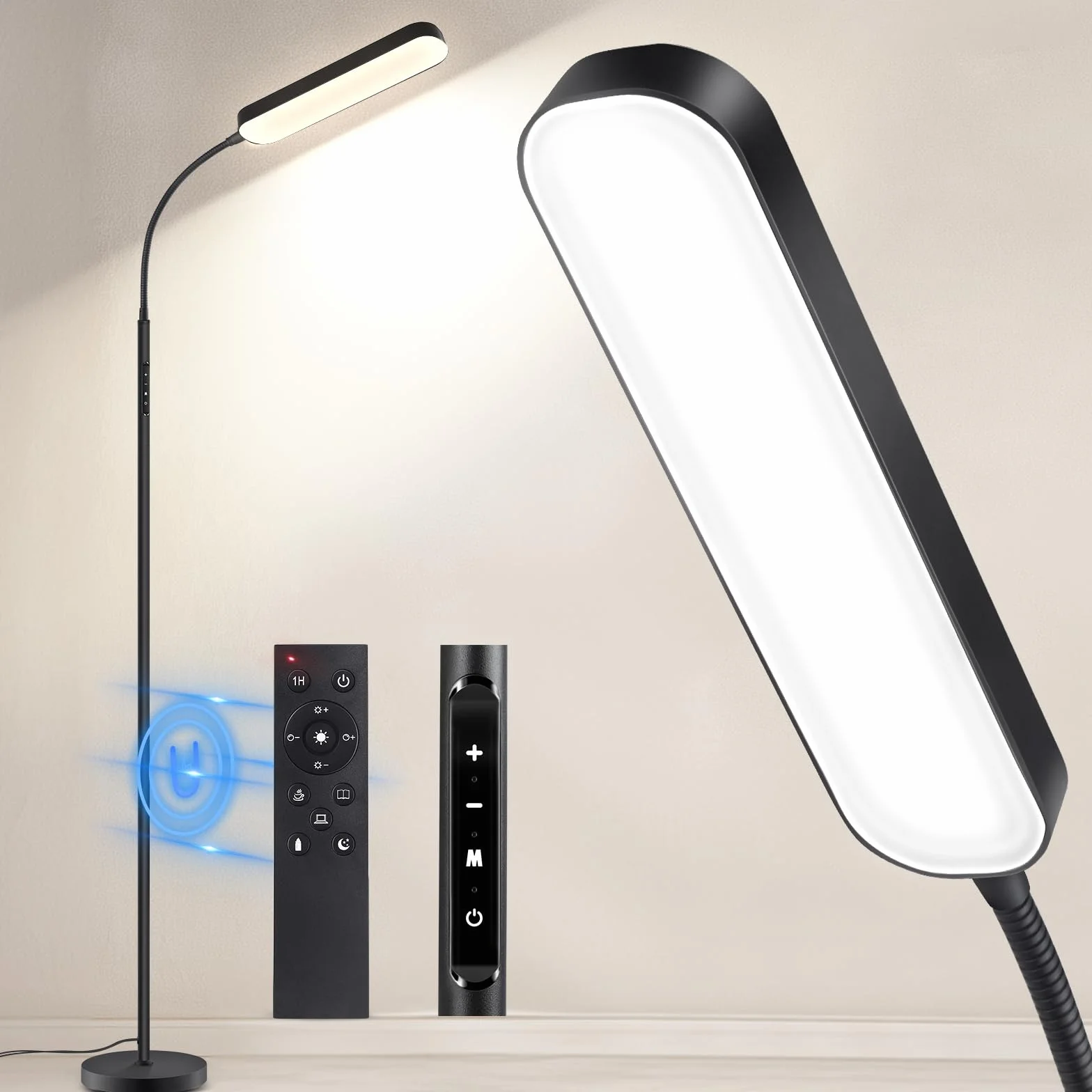OUTON Lampa stojąca LED, ściemniana, 12 W regulowana, nowoczesna lampa do czytania z 4 temperaturami barwowymi, pilot zdalnego sterowania i sterowanie dotykowe, oświetlenie do salonu, sypialni, biura, czarna