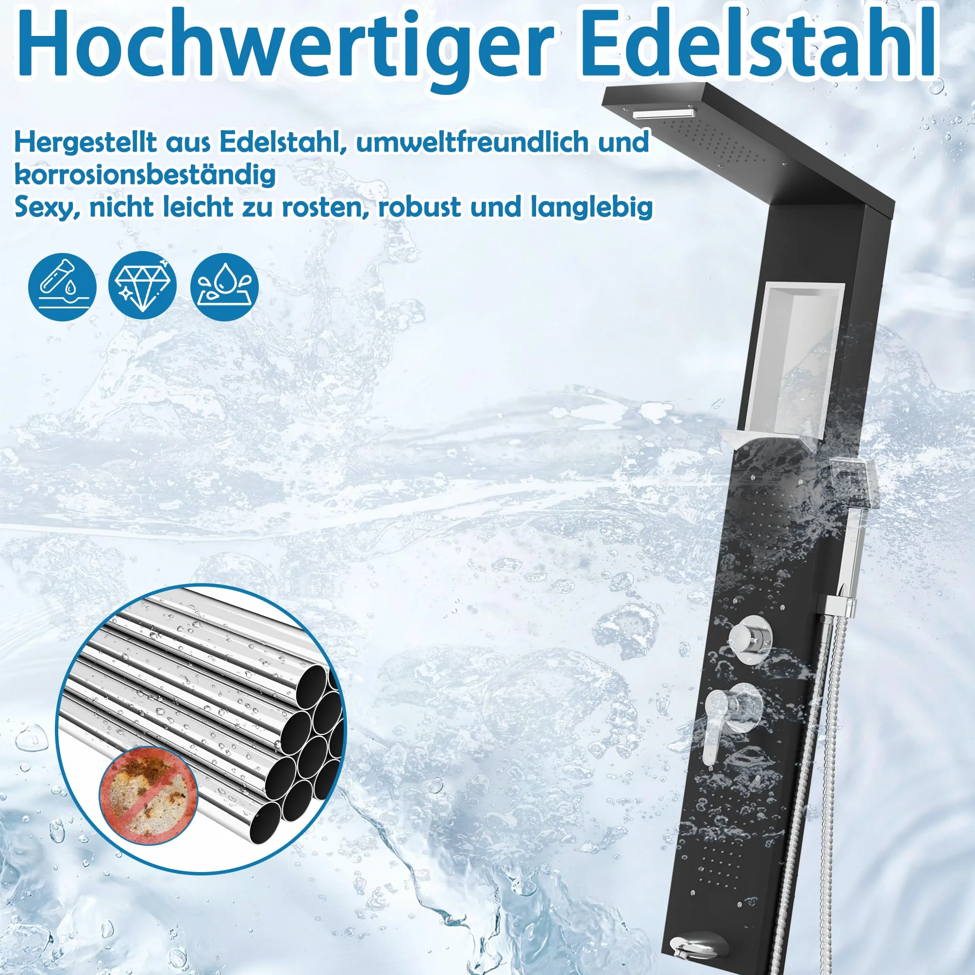 YUENFONG Panel prysznicowy 5 w 1 System prysznicowy ze stali nierdzewnej, wielofunkcyjny prysznic, w zestawie deszczownica, wodospad, masaż pleców, słuchawka prysznicowa, łatwy montaż na ścianie