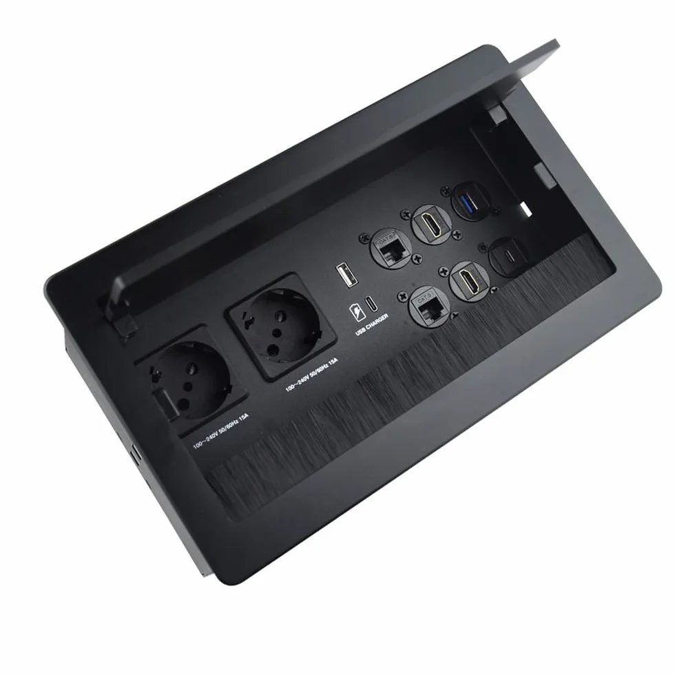 Gniazdko do zabudowy wpuszczane stół sala konferencyjna gniazdko multimedialne srebrne-2xSchuko-2xCAT6-2xHDMI-1xUSB3.0-Stereo-1xUSB-C Dane (Czarne)