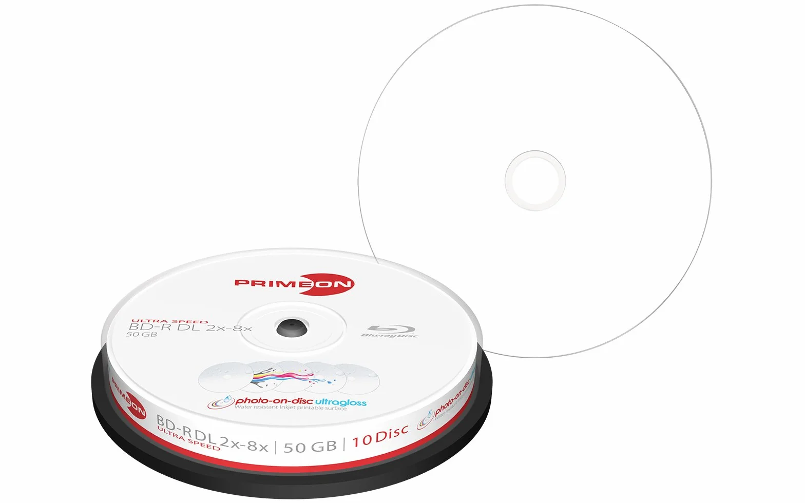 PRIMEON BD-R DL 50 GB/2-8 x pudełko na ciasto (10 tarcz), ultragloss Surface Photo-on-Disc, wodoodporny atrament, pełnowymiarowy druk