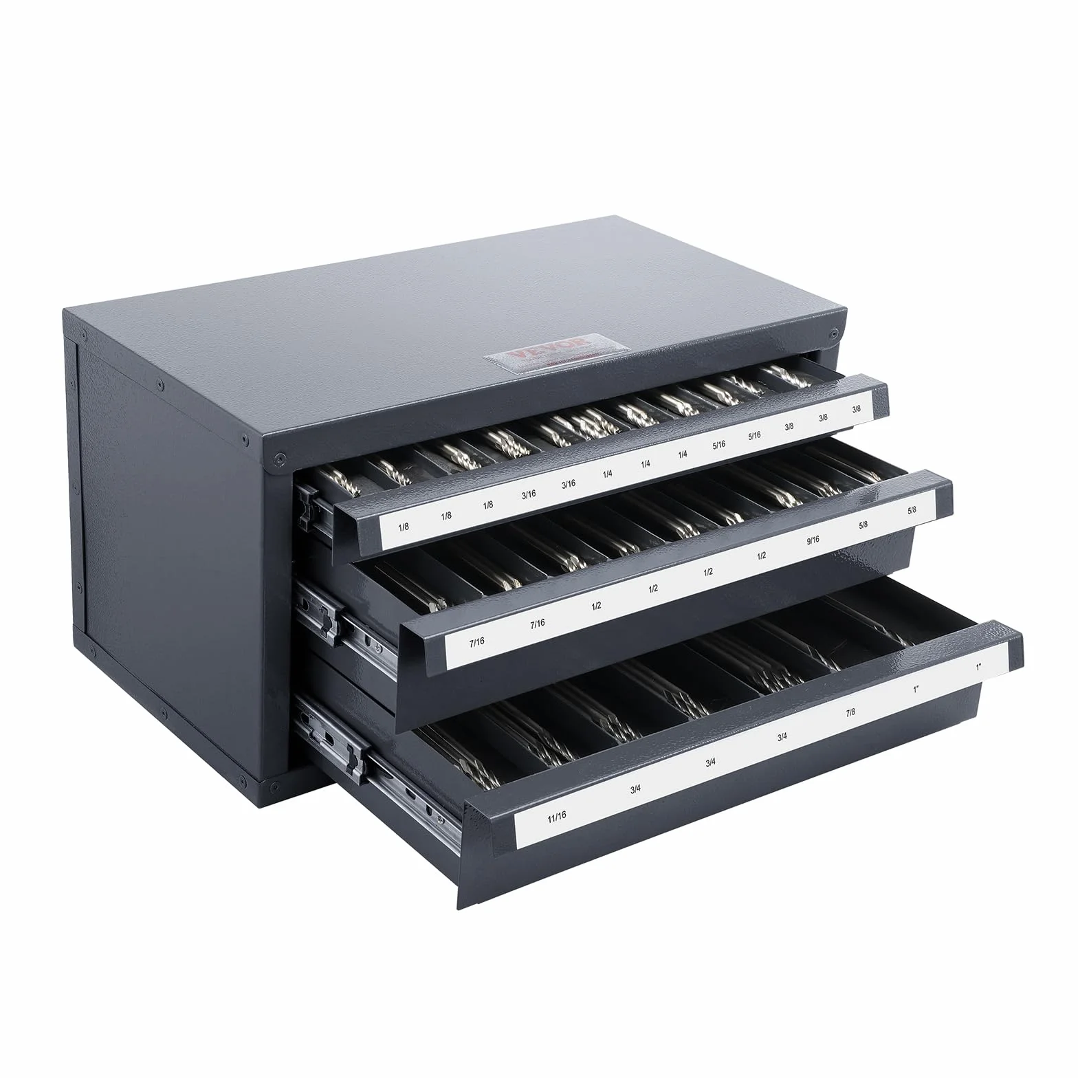 VEVOR Szafka z dozownikiem frezów trzpieniowych, szafka z trzema szufladami, organizer na frezy 1/20.3 cm do 2.5 cm, stalowy organizer z etykietami, 29-komorowy do układania w stos, do przechowywania