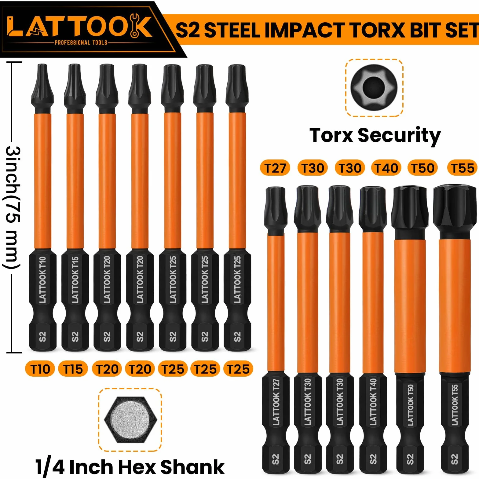 Zestaw bitów Torx Impact Torx, zestaw bitów Torx zabezpieczający przed manipulacją, stal magnetyczna S2, długość 3 cali, T10-T55