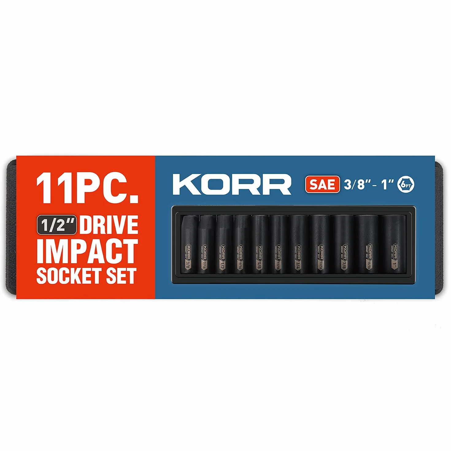 KORR Tools KSS001 zestaw nasadek udarowych 11 szt., 6-punktowy, 1/2-calowy napęd SAE głęboki zestaw nasadek
