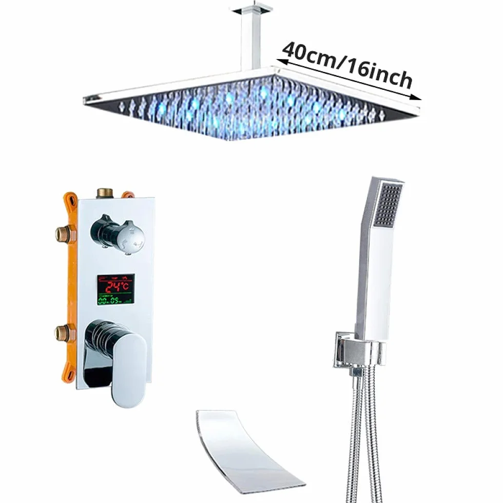 Nowoczesny chromowany system natryskowy z deszczownicą i zabudowaną baterią wannową, zestaw natryskowy ścienny do łazienki (16 cali)