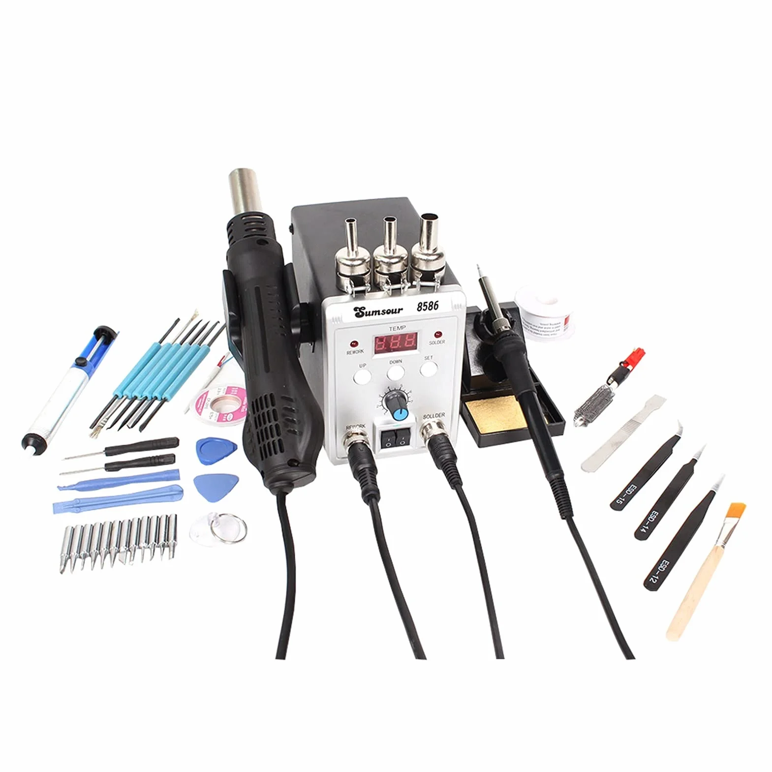 Stacja lutownicza, 2 w 1 SMD. Regork Lutownica Stacja 8586 700W Gorące Pistolet 60 W Żelazo Lutownicze z narzędziami do naprawy opuszczania
