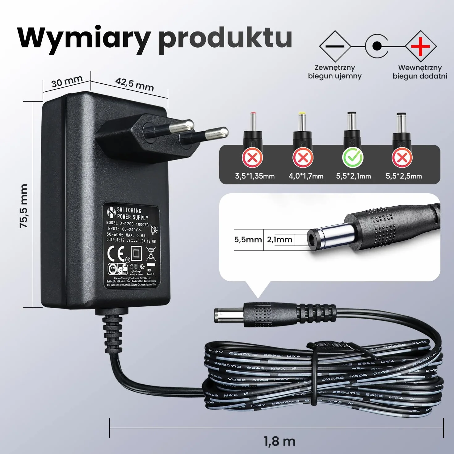 Zasilacz 12V 1A 1,8m AC DC Adapter z 8 Wymiennymi Gniazdami CE