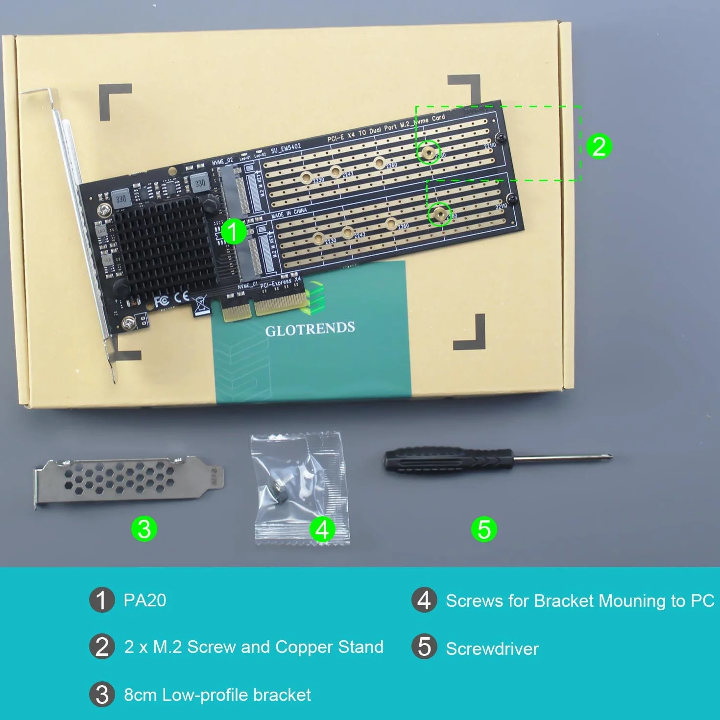 GLOTRENDS PA20 Dual Adapter M.2 NVMe na PCIe 3.0 x4 z funkcją rozgałęzienia PCIe, konfiguracja programowego RAID M.2 NVMe, obsługuje 22110/2280