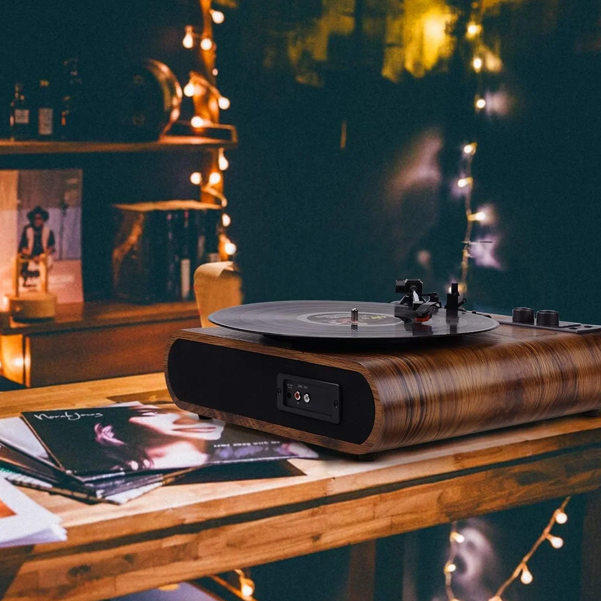 Gramofon Bluetooth VOKSUN winylowy z głośnikiem AUX RCA AM FM przenośny retro orzech włoski