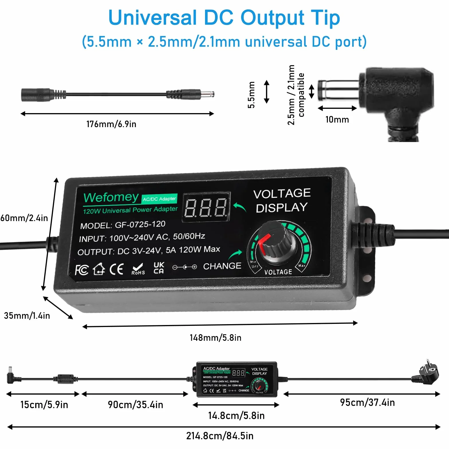 Uniwersalny zasilacz sieciowy 5A 120W regulowany 3V-24V 100V-240V AC na DC z wskaźnikiem LED 14 wtyczkami