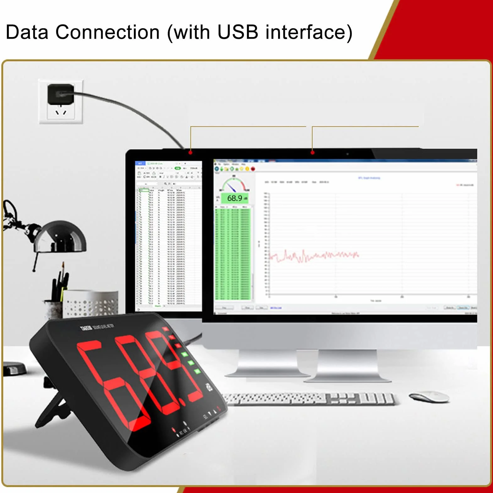 30dB-130dB DC5V 1A Micro USB Miernik Decybeli TA654B 13-calowy Ekran 3-Cyfrowy Wyświetlacz Miernik Poziomu Dźwięku Wiszący na ścianie Cyfrowy Czytnik Decybeli z Alarmem do
