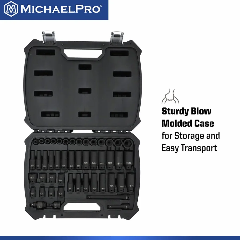 MichaelPro MP005035 Zestaw nasadek udarowych 3/20.3 cm, metryczne i standardowe rozmiary SAE (od 5/40.6 cm do 3/10.2 cm i 8 do 24 mm), 48-częściowy zestaw gniazd standardowych i głębokich, CR-MO