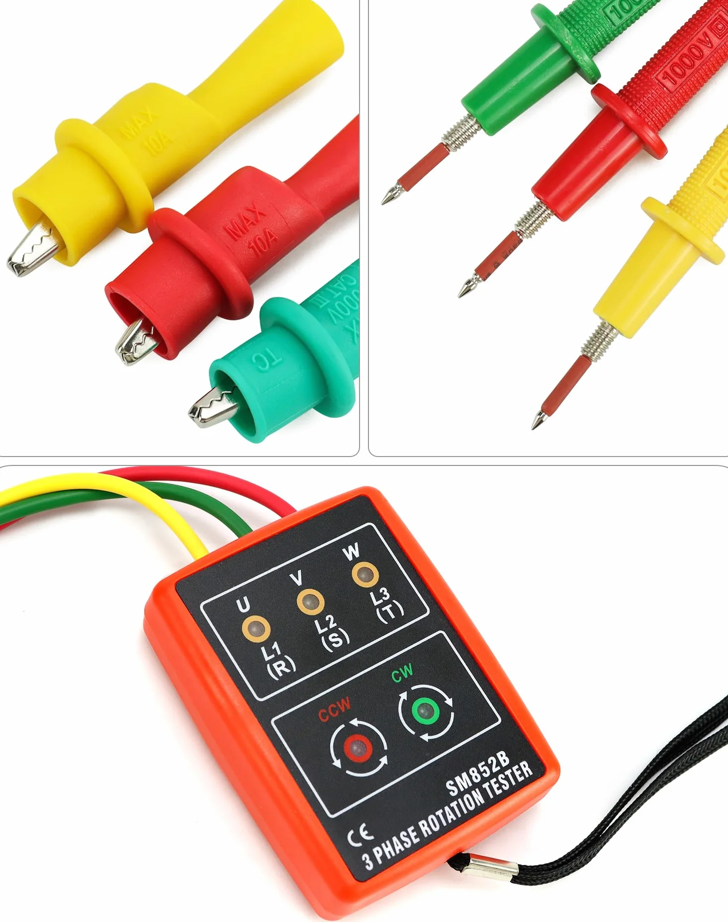 QWORK® Tester fazowy 3-fazowy miernik kąta obrotowego, 60 V ~ 600 V AC, 20-400 Hz, z testerem brzęczyka i zaciskami krokodylkowymi