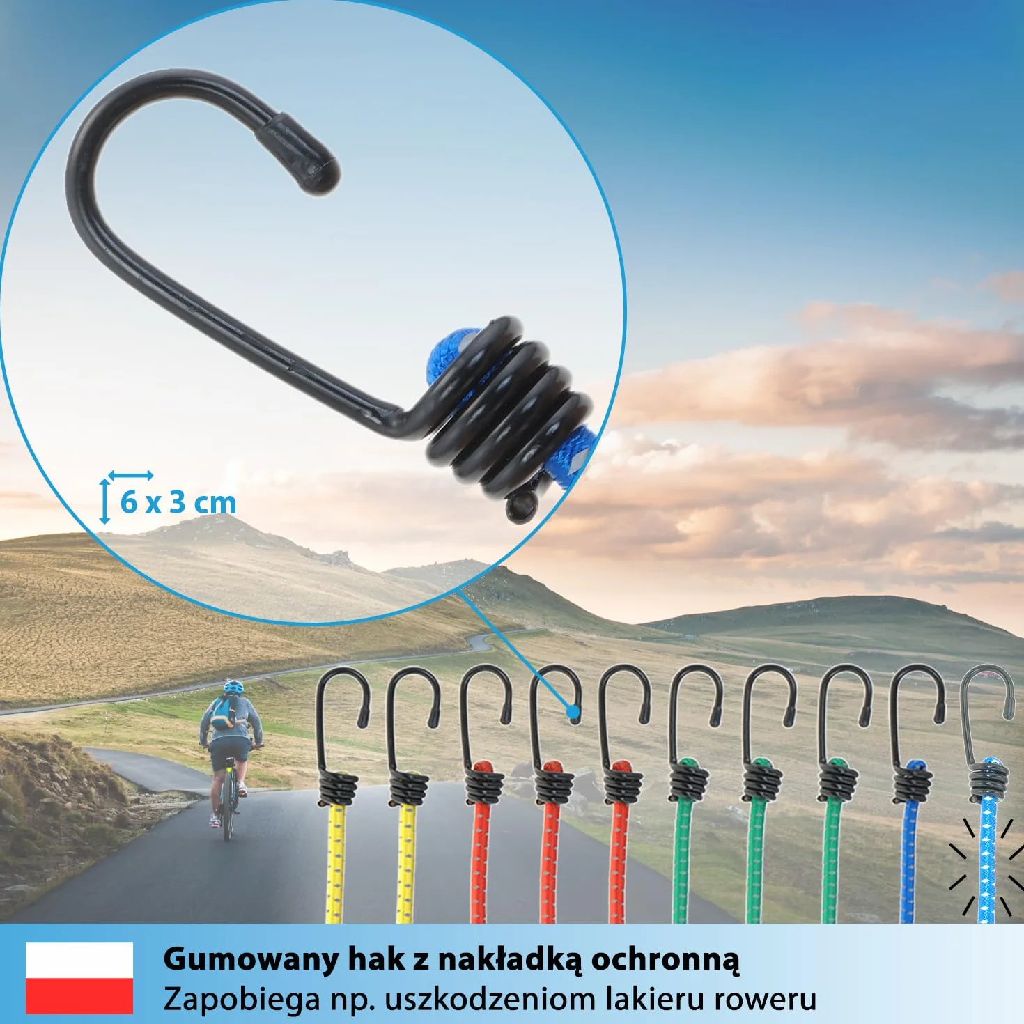 valonic KRAKEN - guma mocująca z hakami - odblaskowa, zestaw 10 sztuk, rozciągliwość 200% - ekspander, napinacz bagażowy do rowerów i bagażników, lina gumowa