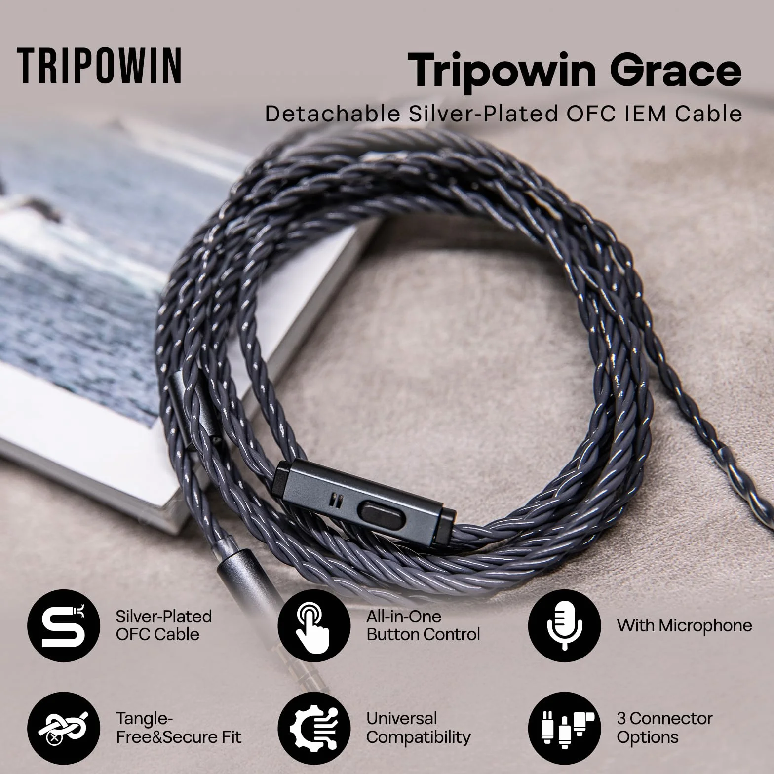 Tripowin Grace Odpinany posrebrzany beztlenowa miedź OFC In Ear kabel słuchawkowy z mikrofonem 0,78 mm 2pin