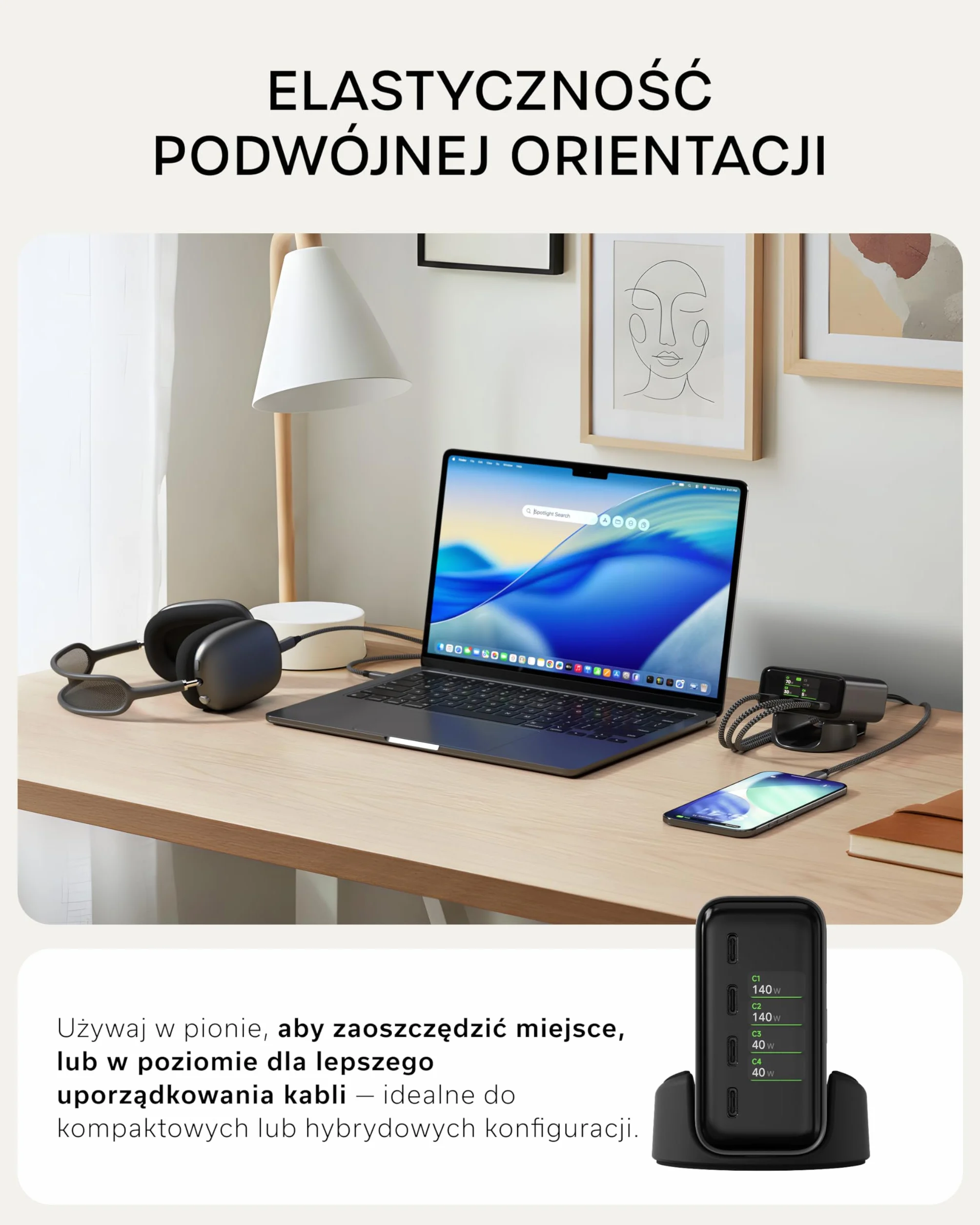 SATECHI ChargeView Ładowarka Biurkowa 140W Stacja Ładowania GaN z Wyświetlaczem Mocy Cztery Porty USB-C Kosmiczna Czerń