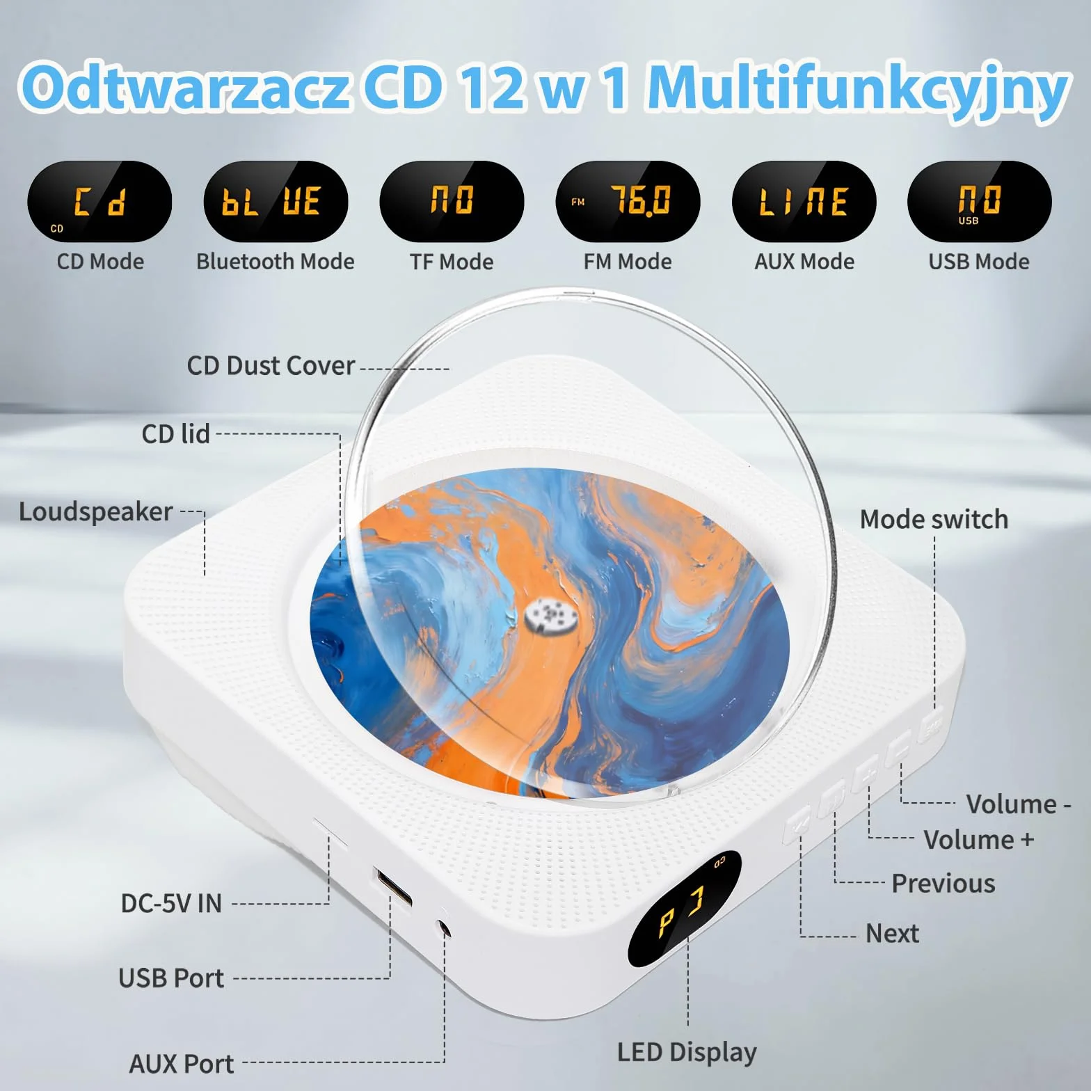 Przenośny Odtwarzacz CD Bluetooth 5.1 z Głośnikiem HiFi, Radio FM, Wyświetlacz LCD, AUX, USB, Zdalne Sterowanie (Biały)