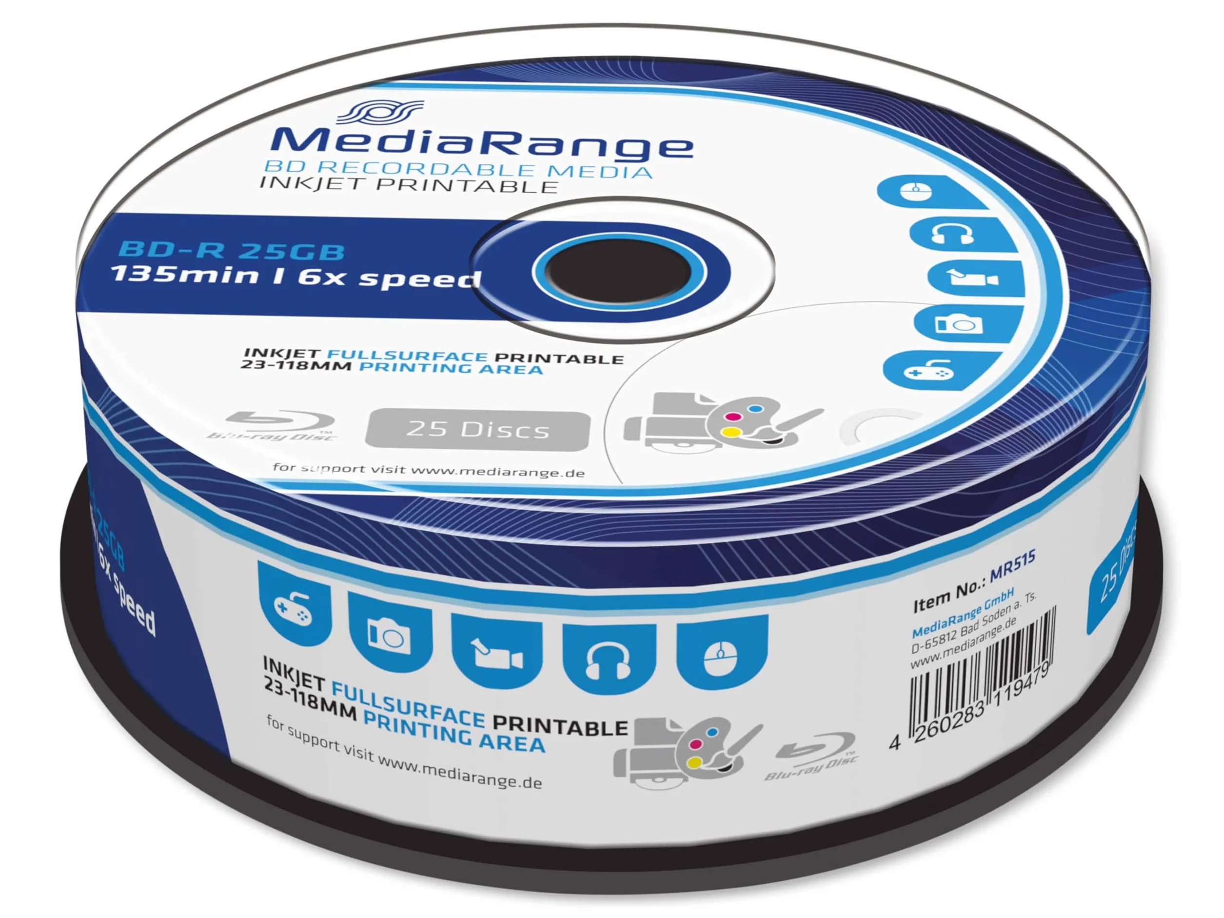 MediaRange BD-R 25 GB 6-krotna prędkość zapisu, możliwość zadrukowania na całej powierzchni, pudełko na ciasto 25 szt