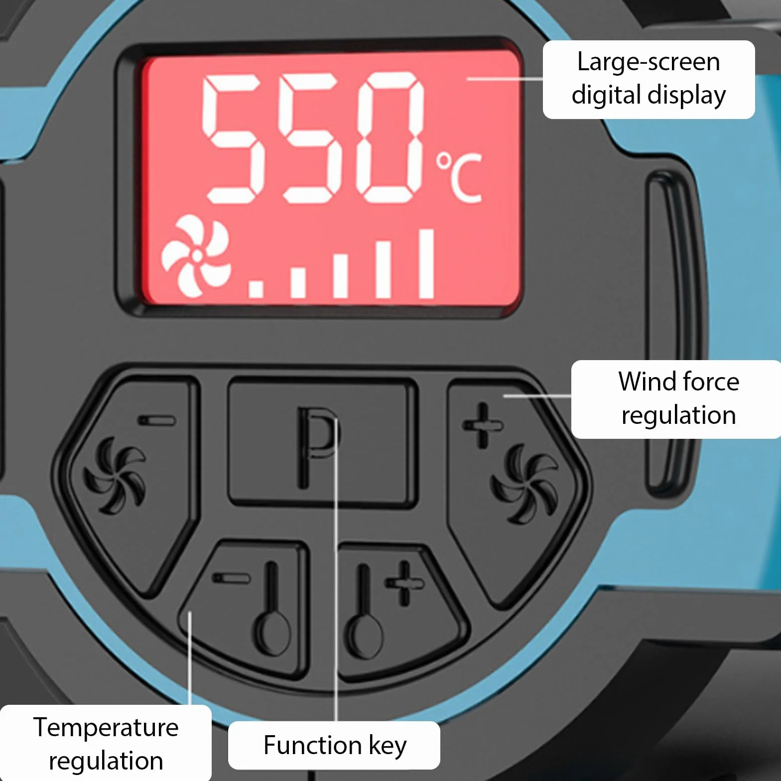 Akumulatorowy pistolet na gorące powietrze do 18 V, 50-550 °C, z wyświetlaczem LCD i 5 dyszami ze stali nierdzewnej, regulowana temperatura i kontrola powietrza, suszarka do termoobiegu, do